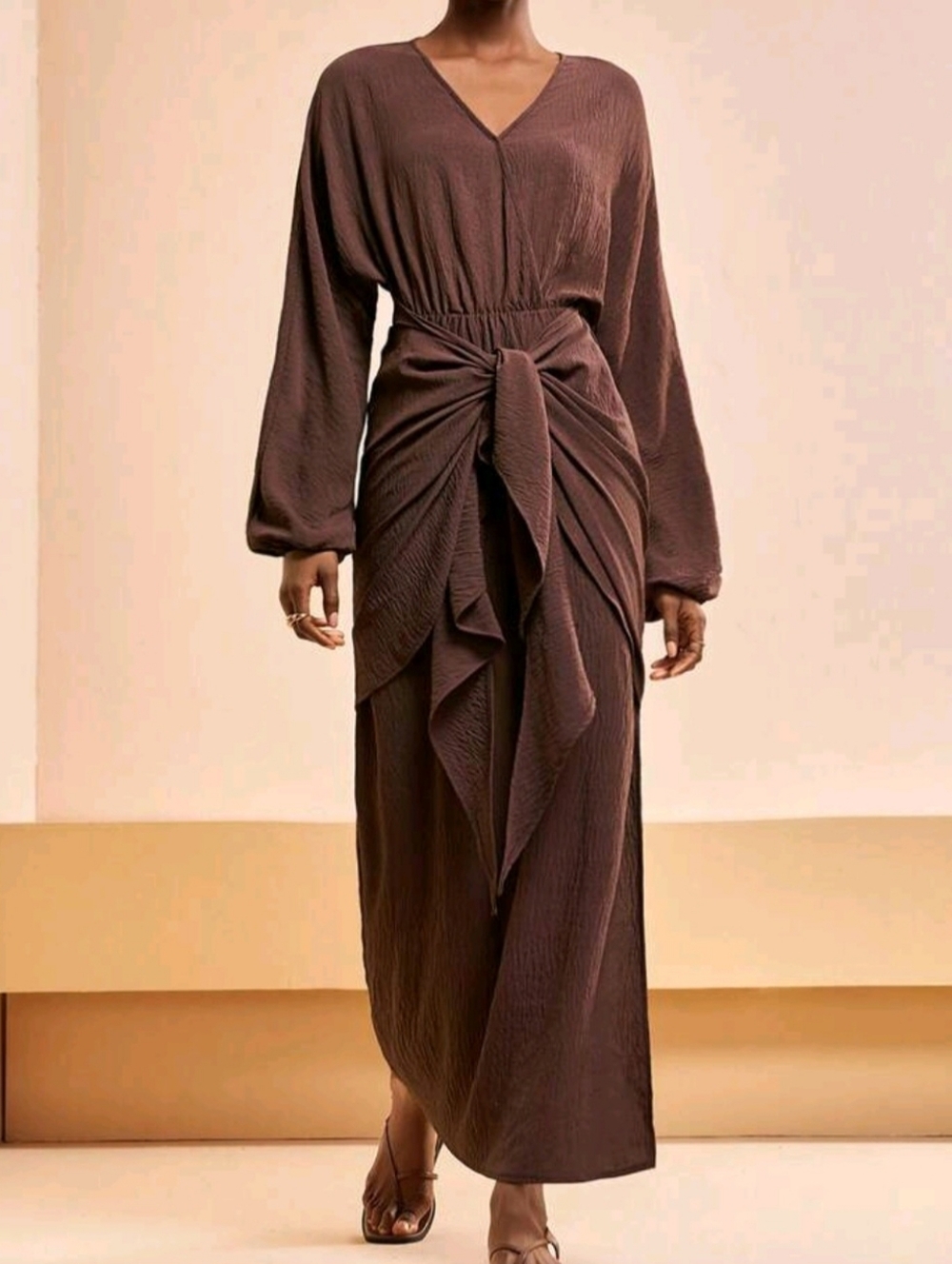 Chocolate Brown Maxi Dress Woman V-neck Long Sleeve Casual Size M Elastic Waist